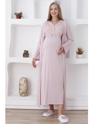 Erdeniz Tekstil Dantelli/emzirme Kolaylığı Sağlayan Uzun Kollu Hamile Gecelik/sabahlık Seti-2'li Set