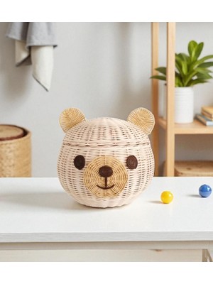 Felis Arte Doğal Bambu El Yapımı Ayıcık Sepet , Saklama Kutusu, Kapaklı, (Rattan Bear Basket) Ekru