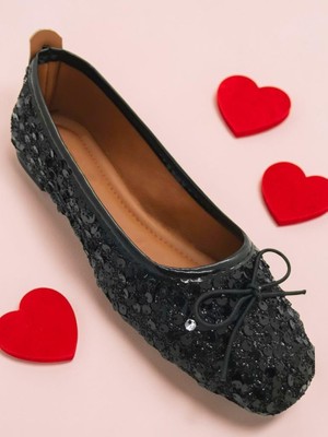 Ellaboni Kadın Mary Jane Siyah Pullu Simli Babet Payetli Fiyonklu Şık Günlük Babet Ev Ayakkabısı