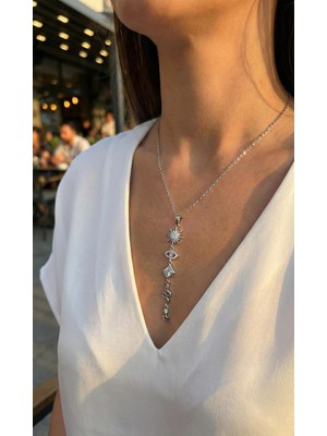 Hayat Store 316L Çelik Zincir Gümüş Renk Güneş ve Enerji Model Kadın Y Kolye - Lisinya