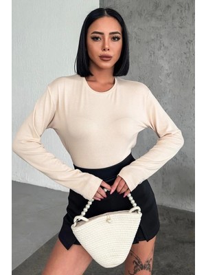 Hayat Store Rahat ve Şık Uzun Kollu Bisiklet Yaka Likralı Viskon Penye Body Bej ( Lisinya )