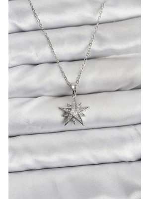 Hayat Store 316L Çelik Zincir Gümüş Renk Yıldız Model Zirkon Taşlı Kadın Kolye - Lisinya