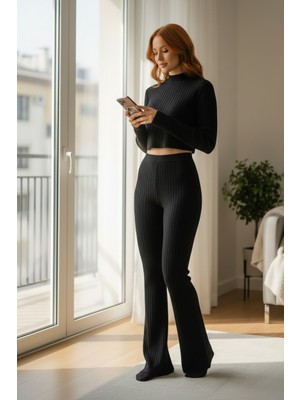 Kadın Siyah Fitilli Eşofman Takımı - Crop Uzun Kollu Üst & Paça Pantolon, Şık Günlük Set