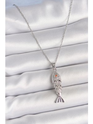 Hayat Store 316L Çelik Zincir Gümüş Renk Zirkon Taşlı Balık Figürlü Kolye - Lisinya