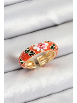 Emh Store Pirinç Turuncu Mineli Çiçek Motifli Gold Renk Ayarlanabilir Kadın Yüzük - TJ-BYK3804