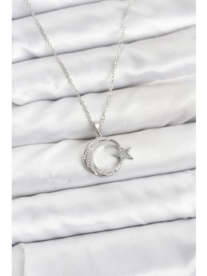 Hayat Store 316L Çelik Zincir Gümüş Renk Ay Yıldız Model Zirkon Taşlı Kadın Kolye - Lisinya