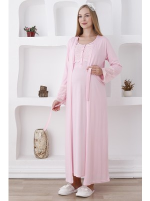 Erdeniz Tekstil Şık Dantel Detaylı Hamile & Lohusa Uzun Kollu Gecelik ve Sabahlık 2’li Takım-Emzirmeye Uygun