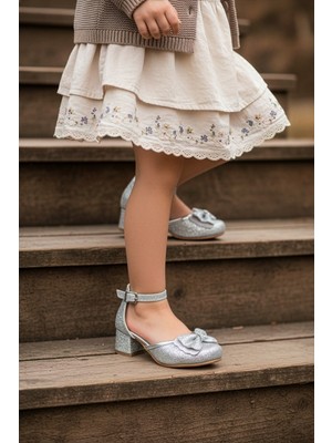 Işıltılı ve Taşlı Prenses Resimli Fiyonklu Kız Çocuğu Topuklu Abiye Ayakkabısı