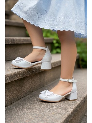 Işıltılı ve Taşlı Prenses Resimli Fiyonklu Kız Çocuğu Topuklu Abiye Ayakkabısı