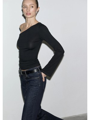 Mavi Tek Omuz Siyah Uzun Kollu Tişört 1614034-900