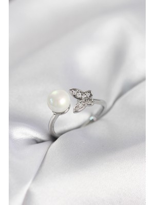 Toptan Bulurum Incili Model Gümüş Renk Zirkon Taşlı Kadın Yüzük