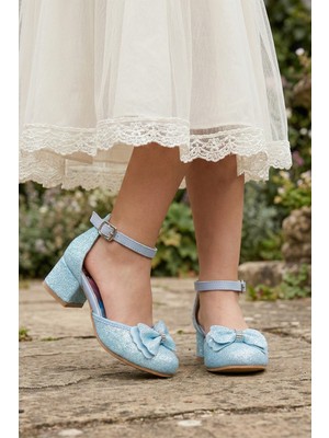 Işıltılı ve Taşlı Prenses Resimli Fiyonklu Kız Çocuğu Topuklu Abiye Ayakkabısı