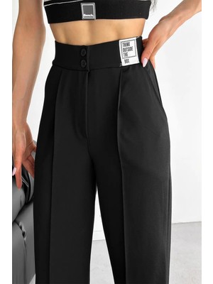 Kadın Yüksek Bel Siyah Pantolon – Mesaj Detaylı Sokak Stili