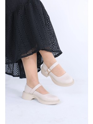 Lolyvibe Mary Jane Kadın Ayakkabı Loafer bej Cilt