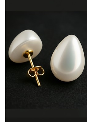 BymissMücevherat Zarif Gold Kaplama 925 Ayar Gümüş Damla Form Inci Küpe | 8X12 mm Özel Kesim Incili Klipsli Küpe