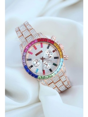 Calperia Clariss Trend Rose Metal Kordonlu Zirkon Taş Kaplama Renkli Taşlı Kasa Tasarımlı Lüx Kadın Kol Saati ( Lisinya )