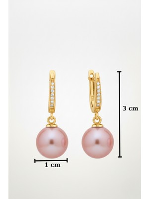 BymissMücevherat 925 Ayar Gümüş Sallantılı Yuvarlak Pembe Inci Taşlı Kadın Küpe | 10 mm Inci | 3 cm