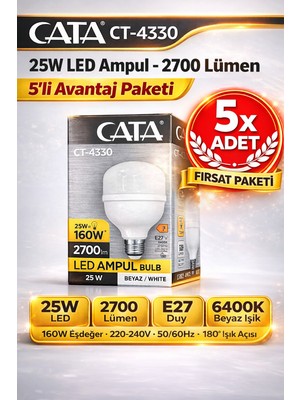 Kondel Aydınlatma Cata CT-4330 25W Torch LED Ampul 2700 Lümen 6400K Beyaz E27 Duy 5 Adet Fırsat Paketi