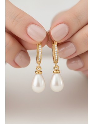 BymissMücevherat 925 Ayar Gümüş Sallantılı Damla Mayorka Inci Taşlı Kadın Küpe  | 8X12 mm | 3,2 cm