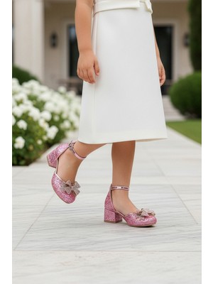 Işıltılı ve Taşlı Fiyonklu Kız Çocuğu Topuklu Abiye Ayakkabısı