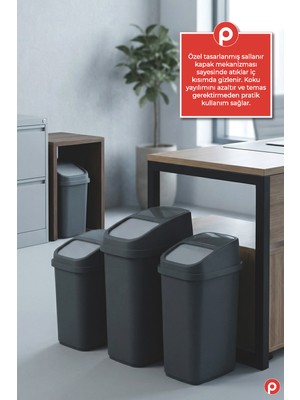 Pazarika 3'lü Çöp Kovası Seti 5+10+17 Litre - Banyo, Mutfak ve Ofis Tipi Kapaklı Çöp Kovası Takımı - Antrasit