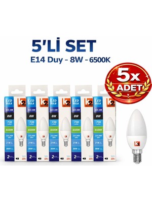 Kondel Aydınlatma 5 Adet K2 LED Mum Ampul 8W E14 Duy 6500K Beyaz Işık 720 Lümen