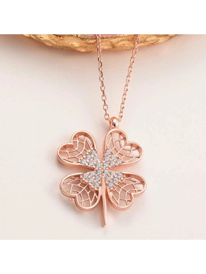 Marsilyan 925 Ayar Gümüş Rose Dört Yapraklı Yonca Kadın Kolye T8017 (72)