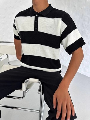 Glam Love Erkek Yakalı Düğmeli Triko T-Shirt - Siyah