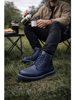 Bluesoil Erkek Lacivert Bilekli Bot Suni Deri – Yan Fermuarlı Bağcıklı Günlük Casual Kışlık Model