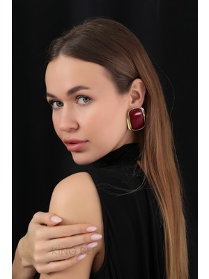 King Bee Büyük Boy Küpe Reçine Elegant Geometrik Tasarım Kahverengi ve Bordo Gold Detaylı Küpe.gold Çerçeve Kadın Küpe