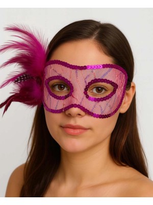 Kafkas Store I-Tdr Fuşya Renk Yandan Tüylü Pul Payet Işlemeli Parti Maskesi 23X12 cm