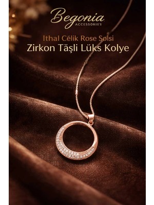 Begonia Accessories Ithal Çelik Rose Gold Kolye Zincir Set Figürlü Zirkon Taşlı Paslanmaz Kararmaz Unisex 45CM+5CM Boy - 7