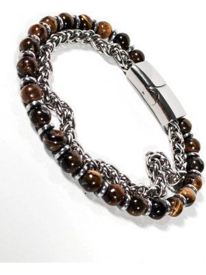 Moncuk Design Çelik Zincirli Kaplan Gözü ve Hematit Taşlı Bileklik – Güç, Odaklanma ve Özgüven Enerjisi-21 cm