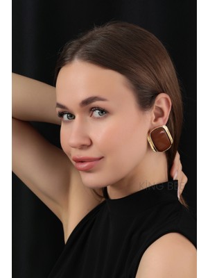 King Bee KADIN Kahverengi ve Bordo Gold Detaylı Küpe  Büyük Boy Küpe Reçine Elegant Geometrik Tasarım  Gold Çerçeve Kadın Küpe