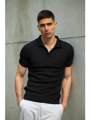 Glam Love Erkek  V Yakalı Triko T-Shirt - Siyah