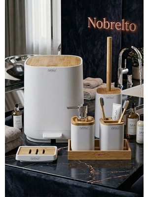 Nobrelto Paola Akrilik 6 Parça Banyo Seti - Bambu Kapaklı Kare Lüks Banyo Takımı