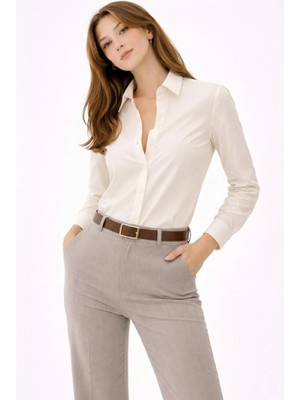 Alfanora Kadın Uzun Kollu Gömlek Düğmeli Klasik Yaka Günlük ve Ofis Şıklığına Uygun - Krem