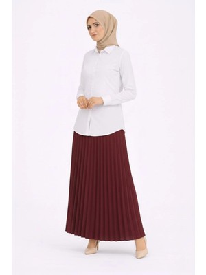 Alfanora Tesettür Beyaz Gömlekli Pliseli Etek Ikili Takım Gündelik ve Ofis Şıklığı - Bordo