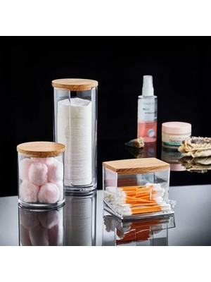 Hype Store Ahşap Görünümlü Kapak 3'lü Organizer Set, Modern Pamukluk Düzenleyici Şık 3'lü Pamukluk Set - Şık ve