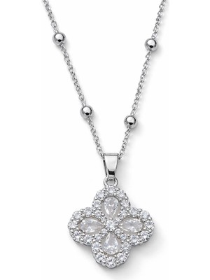 Nkie Jewels Gümüş Renk Beyaz Taş Van Cleff Yonca Damla Taşlı Model Top Zincir Çelik Kolye- 3858