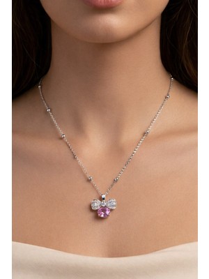 Nkie Jewels Gümüş  Renk Pembe Fiyonk Model Top Zincir Çelik Kolye - 3855