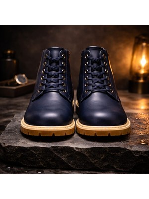 Bluesoil Erkek Lacivert Bilekli Bot Suni Deri Bağcıklı Kalın Dişli Kaymaz Taban Günlük Casual Kışlık Outdoor Şehir Kullanım Rahat Konforlu Dayanıklı Modern Erkek Bot