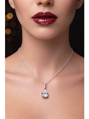 Nkie Jewels Gümüş Renk Sıra Taşlı Beyaz Damla Model  Sf  Zincir Çelik Kolye - 3868
