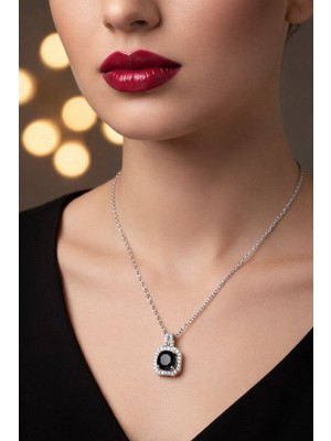 Nkie Jewels Gümüş Renk Kare Siyah Taş Sf Zincir Çelik Kolye - 3862