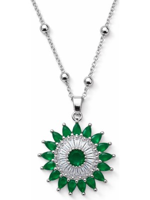Nkie Jewels Gümüş Renk Yeşil Taş Güneş Model Top Zincir Çelik Kolye- 3861