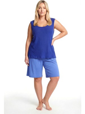 Modaserdem Akbeniz Kadın Büyük Beden Fitilli Şortlu Pijama Takımı – Saks Mavisi