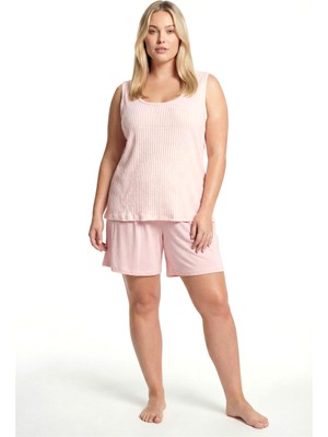 Modaserdem Akbeniz Kadın Büyük Beden Fitilli Şortlu Pijama Takımı – Pudra