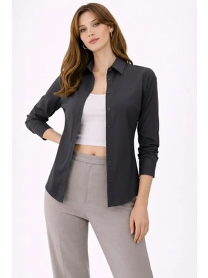 Yaman Market Uzun Kollu Gömlek Düğmeli Klasik Yaka Günlük ve Ofis Şıklığına Uygun - Füme