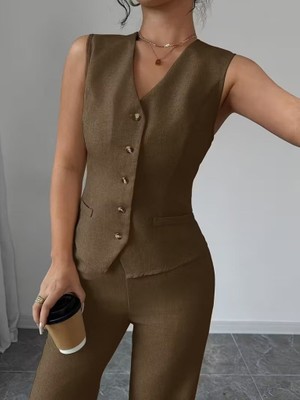 Gökyüzü Moda Kadın Askılı Önden Düğmeli Bluz ve Pantolon Keten Ikili Takım