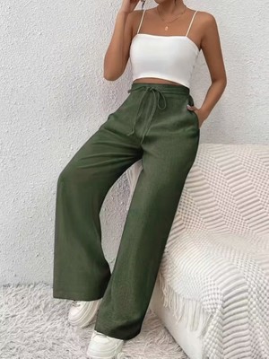 Gökyüzü Moda Kadın Yüksek Bel Önden Bağlamalı Geniş Kesim Keten Pantolon